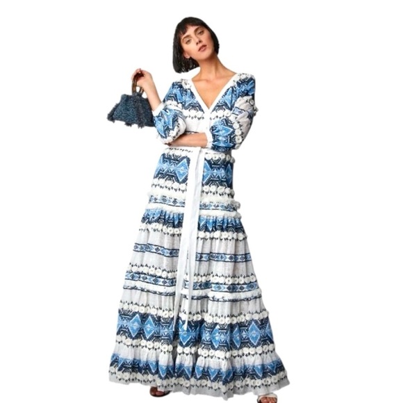 NWOT ALEXIS White & Blue Wylla Embroidered Linen Blend Maxi Dress XS